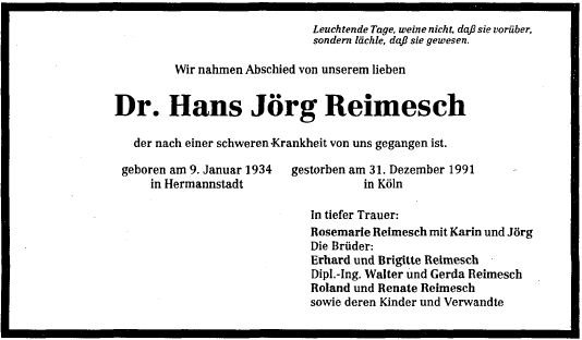 Reimesch Hans Joerg 1934-1991 Todesanzeige